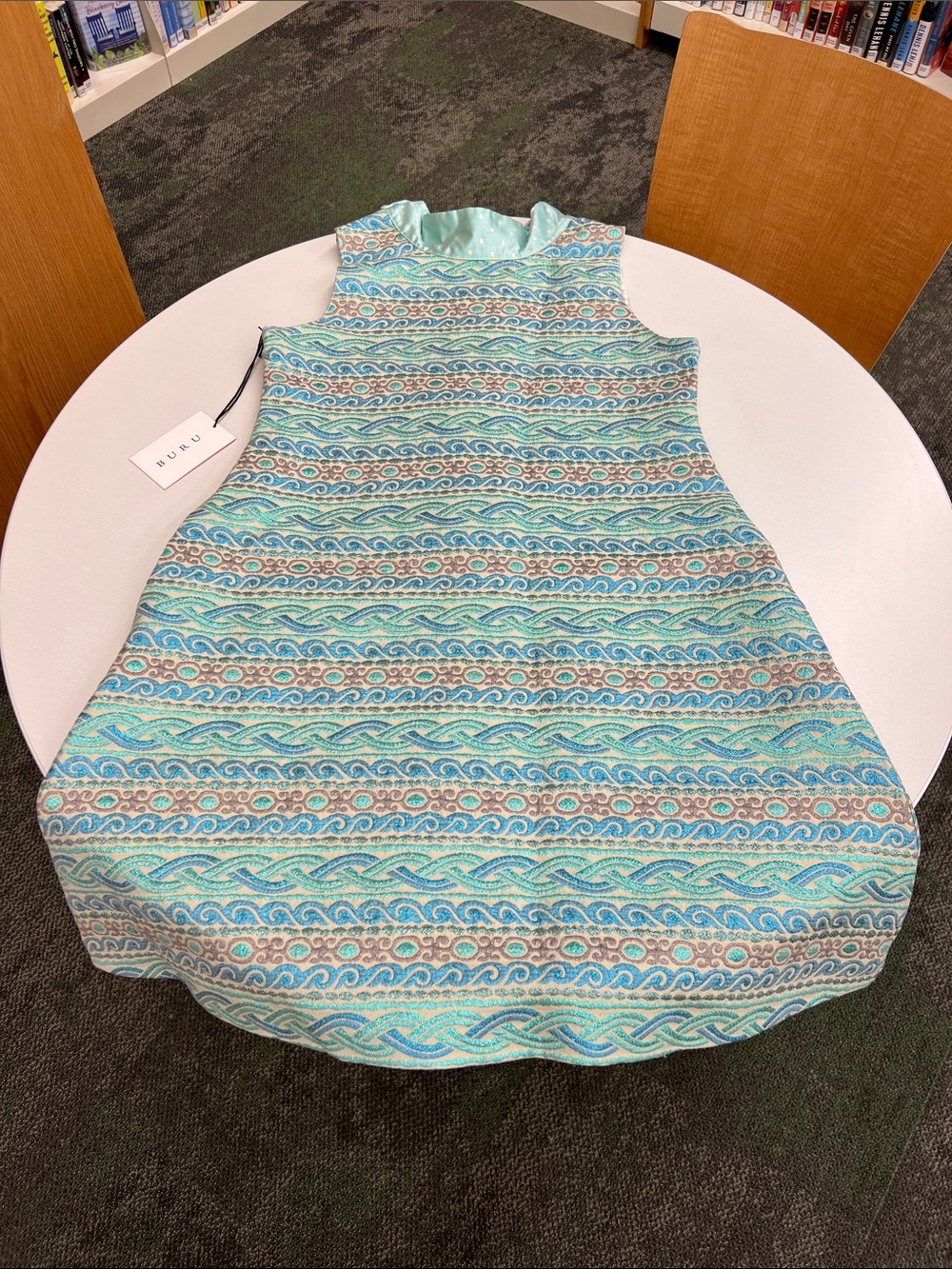 NEW Buru slim swing dress knee length aqua brocade sparkly sleeveless blue gray - Picture 10 of 11
